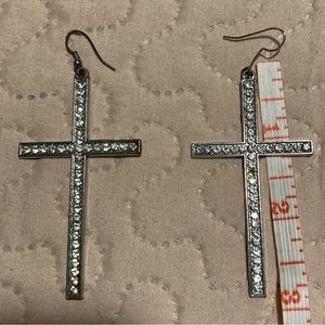 Silver Cross Hanging Hook 3 Inch Earrings